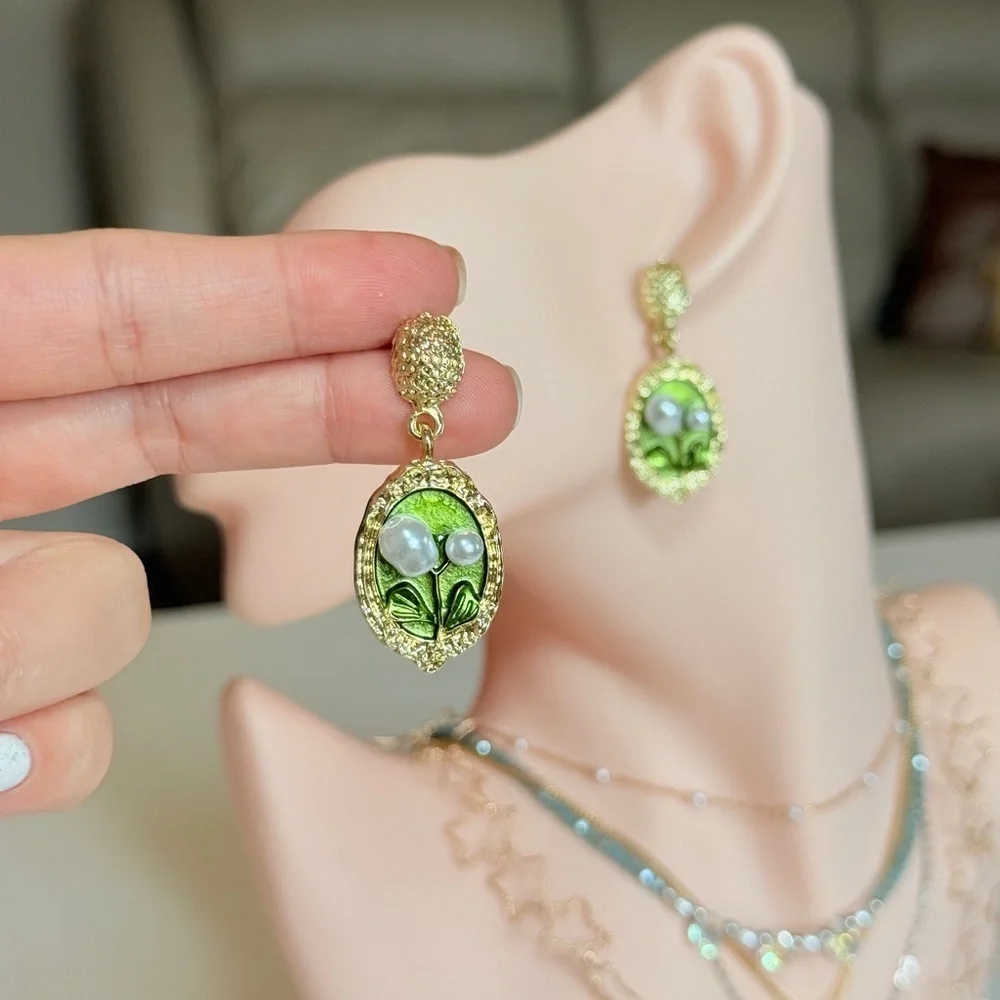 Gold-Tone Green Floral Pearl Drop Earrings